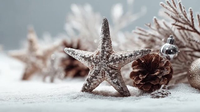 Glittery star ornament and pinecone on snowy ground.