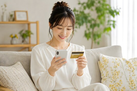 スマートフォンとクレジットカードでオンラインショッピングをする若い日本人女性