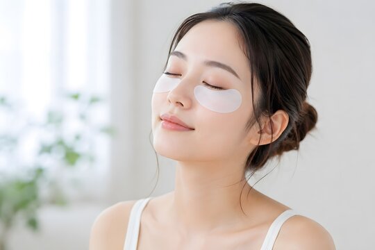 目元にアイパッチを貼ってスキンケアする若い日本人女性の美容イメージ