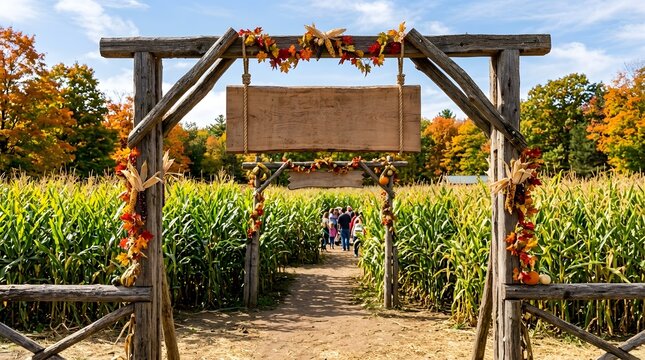 Corn maze entrance sign in a field with tall corn plants and fall trees