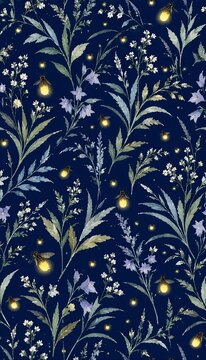 Japanese Shoujo Manga Inspired Fireflies and Wildflowers on a Dark Navy Background