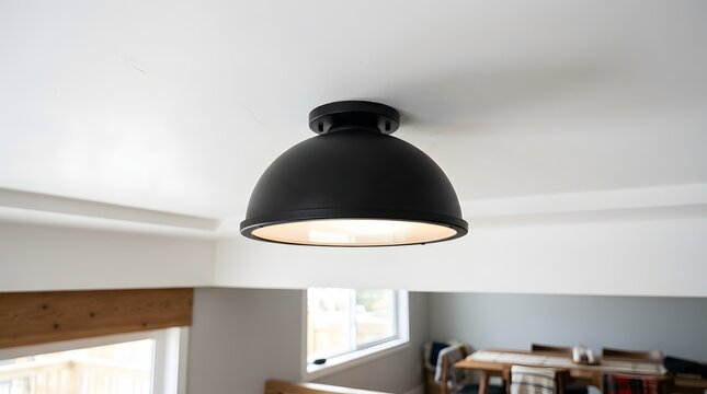 Modern black pendant light fixture hanging from ceiling in contemporary interior design with natural daylight and furniture details