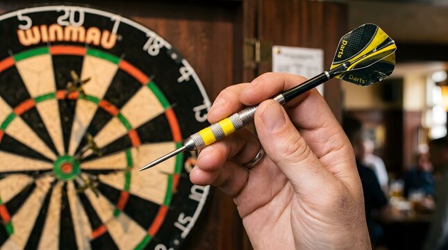 Close up of hand throwing dart at dartboard in indoor game setting for recreational activity