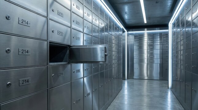 Modern stainless steel safety deposit vault corridor with numbered metal lockers