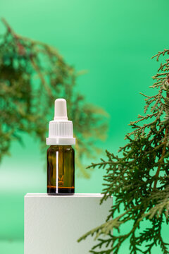 Brown dropper bottle on pedestal with green branches