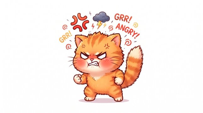 Funny angry chibi orange cat standing with an intense furious expression and raised tail. Cute cartoon character with expressive anger symbols, ideal for stickers, emojis, memes, animation, games.