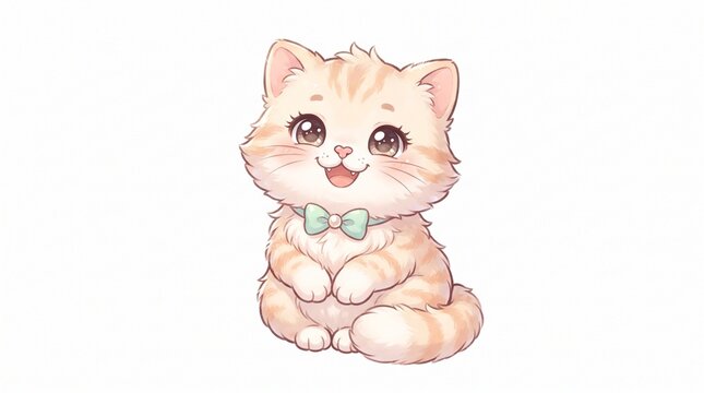 Adorable chibi cat sitting calmly with a gentle smile and wearing a small green bow tie. Soft kawaii cartoon illustration with a charming and friendly appearance, suitable for stickers