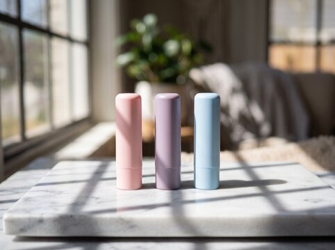 Pastel Blank Lip Balm Tubes Mockup Set on Marble Slab with Window Shadows