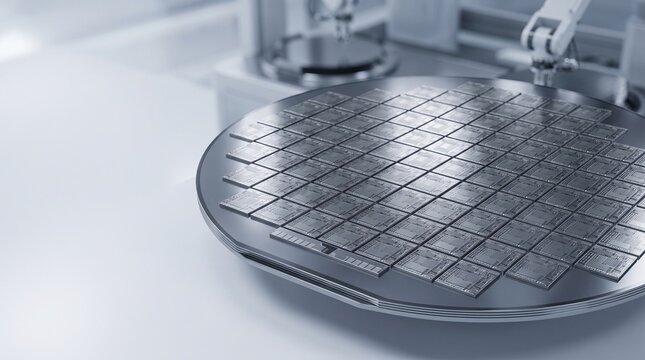 Silicon wafer with microchip circuits in a semiconductor manufacturing cleanroom facility