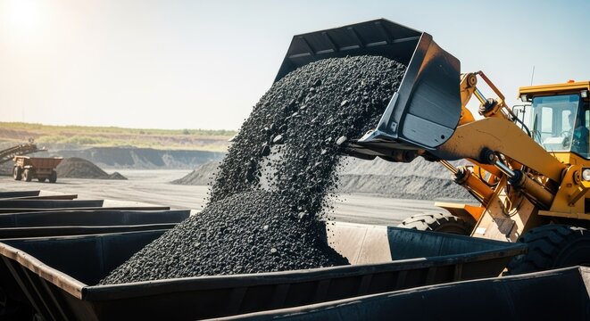 Large wheel loader actively loading coal into a dumper truck at an open pit coal mine under bright sunshine, highlighting the heavy machinery used in the extraction industry