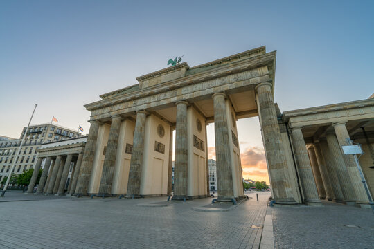 The Brandenburg Gate in Berlin at sunrise. Germany