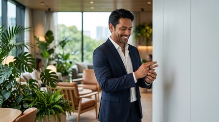 Fototapeta premium Smiling man adjusting smart ring in a modern office environment