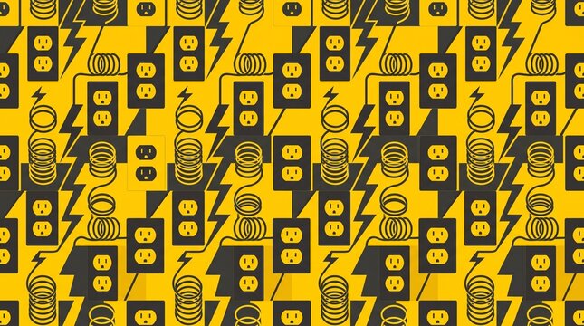 Seamless repeating vector pattern combining lightning bolts, wire coils, and outlet shapes, two-tone flat palette (safety yellow and charcoal), tileable, no gradients, minimalist industrial geometric 