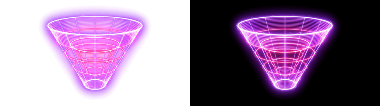 Inverted neon hologram cone with nested inner rings in vivid magenta light, glowing transparent overlay design element