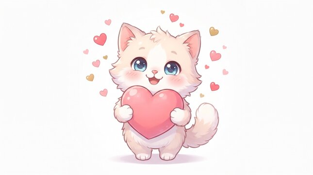 Adorable chibi cat holding a pink heart with a sweet expression, surrounded by small floating hearts. Cute kawaii cartoon illustration suitable for Valentine's Day, stickers, greeting cards.