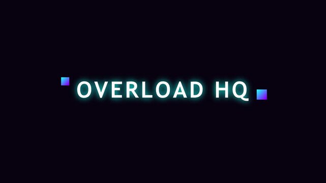Overload hq neon text animation with glowing gradient squares on dark 4k background, glowing motion digital branding