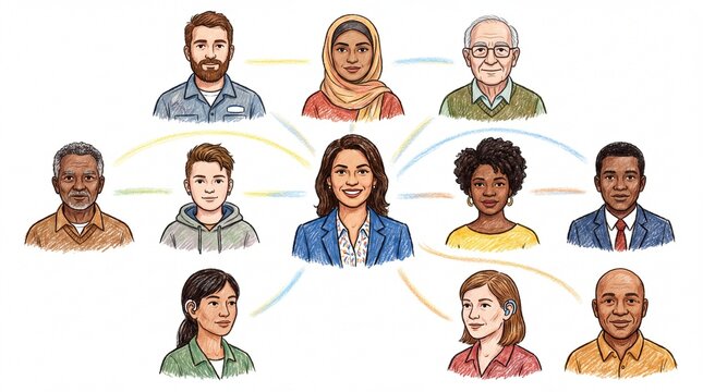 Diverse leadership network illustration with hand-drawn connections