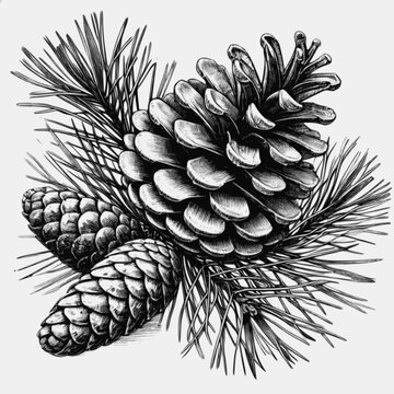Detailed pine cones and needles black and white engraving illustration with pinecone evergreen botanical woodland illustration engraving monochrome