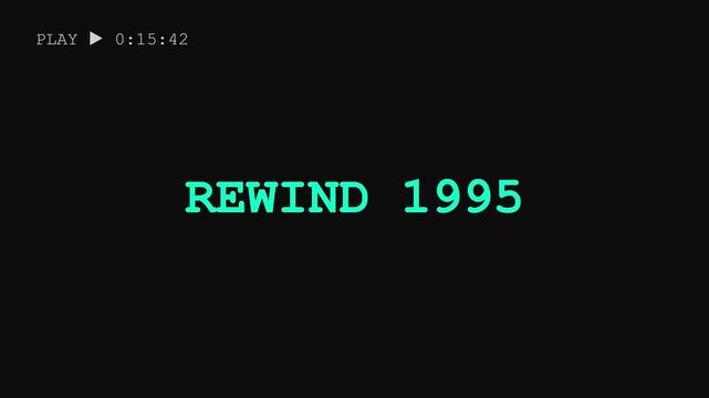 Rewind 1995 retro vhs style text overlay with playback interface for nostalgic cinematic projects animation 4k