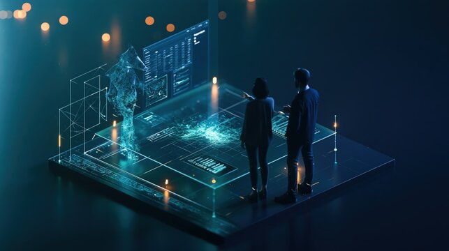 Faceless analyst and an abstract software assistant examining unusual data patterns together