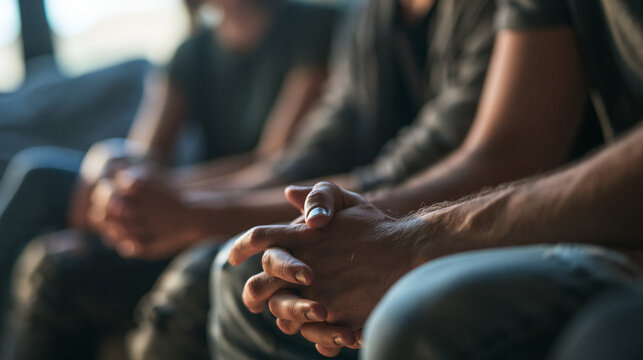 Clasped Hands of People in Support Group Therapy Session