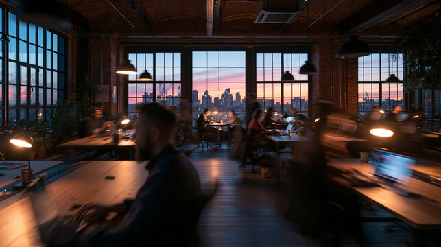 Busy Loft Office Coworking Space at Sunset