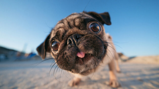 Funny Pug Puppy Sticking Tongue Out on Beach