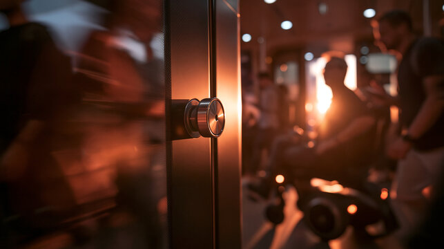 Door Handle with Blurred Commuters and Wheelchair User in Transit Station
