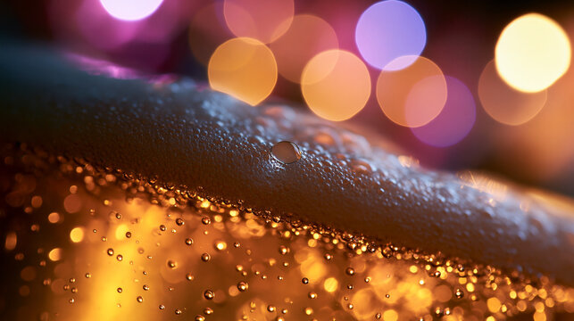 Macro Close-up of Cold Beer Foam with Bubbles and Bokeh Lights