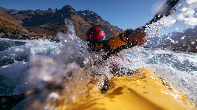 Action Shot of Kayaker Paddling in Whitewater Rapids