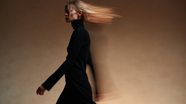 Fashion Model in Black Walking with Dynamic Motion Blur
