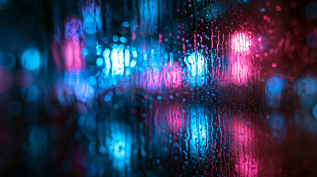 Raindrops on Window Glass with Blurred Neon City Lights