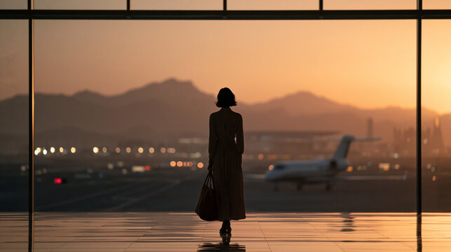 Silhouette of Woman Standing by Airport Window at Sunset