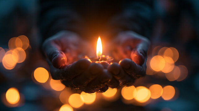 Human Hands Cupping Burning Candle in Darkness