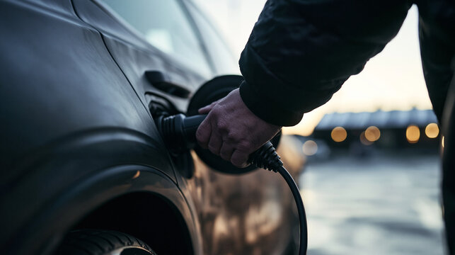 Hand Plugging Charging Cable into Modern Electric Vehicle