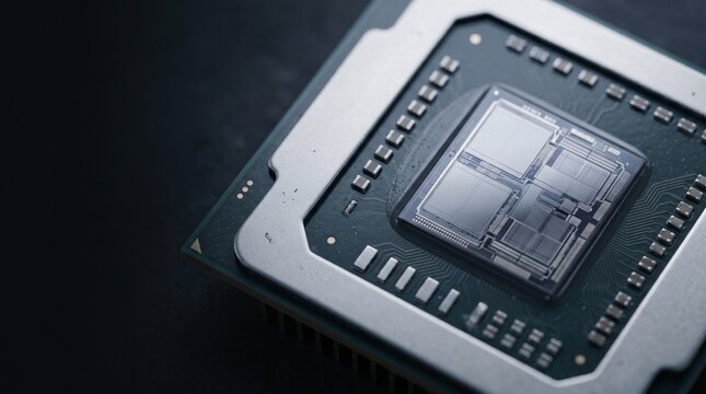 Modern computer processor CPU chip close up on dark background for technology hardware concept