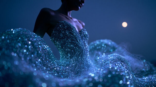 Glamorous Woman in Sparkling Blue Couture Ballgown at Night