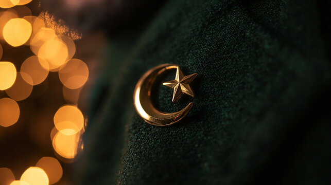 Golden Crescent and Star Pin on Dark Green Fabric