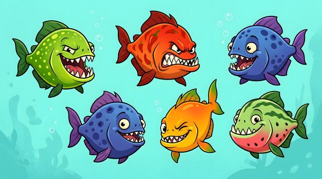 Set of colorful piranha cartoon characters with funny expressions