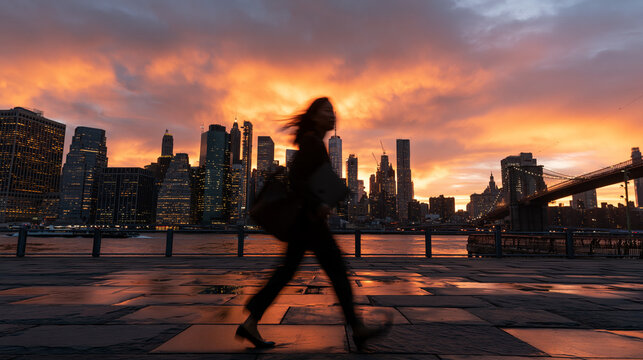 Silhouette of Commuter Walking Against New York City Sunset Skyline