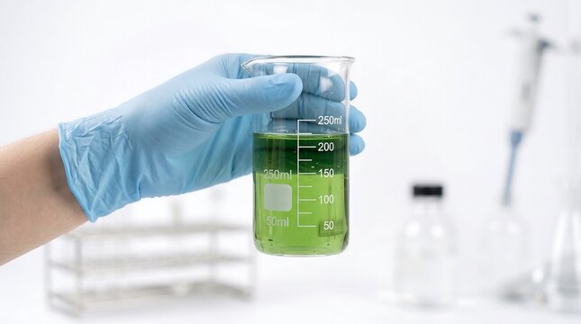 Scientist holding glass beaker with green fluid in laboratory