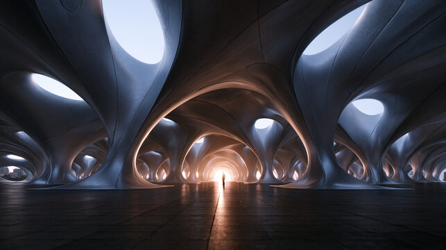 Futuristic Modern Architecture Interior with Silhouette Figure and Light