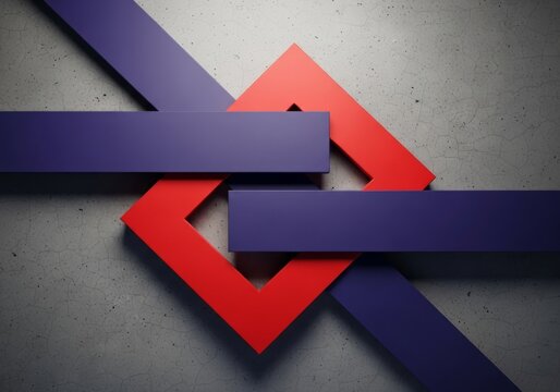 An asymmetrical geometric pattern with sharp-edged indigo rectangles crossing over bright red squares on a gray textured concrete surface, contrast, creative, rectangle