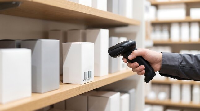 Warehouse Worker Scanning Product Barcodes on Store Inventory Shelves