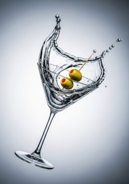 An elegant floating martini glass captures a dynamic crystal-clear liquid splash with green olives on a toothpick against a modern studio backdrop, composition, beverage, olives