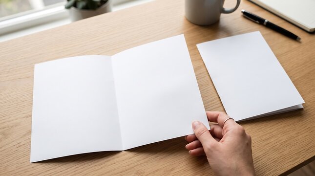 Hand Holding Blank Bi-Fold Brochure Mockup on Wooden Desk