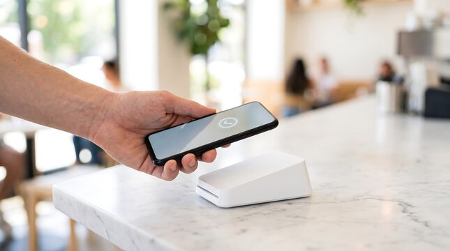Customer using a smartphone for contactless payment at a cafe