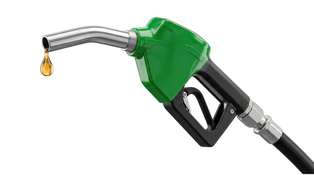 Industrial green fuel pump nozzle with metal hose connection isolated for petroleum retail service.