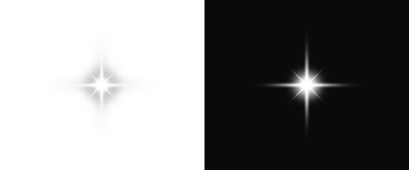 Bright star sparkle light effect isolated on white and black backgrounds. Glowing four point flare with soft radiant rays. Luminous element for overlays, logos, posters and digital design. © Sk