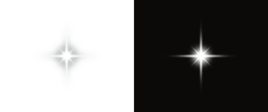 Bright star sparkle light effect isolated on white and black backgrounds. Glowing four point flare with soft radiant rays. Luminous element for overlays, logos, posters and digital design.